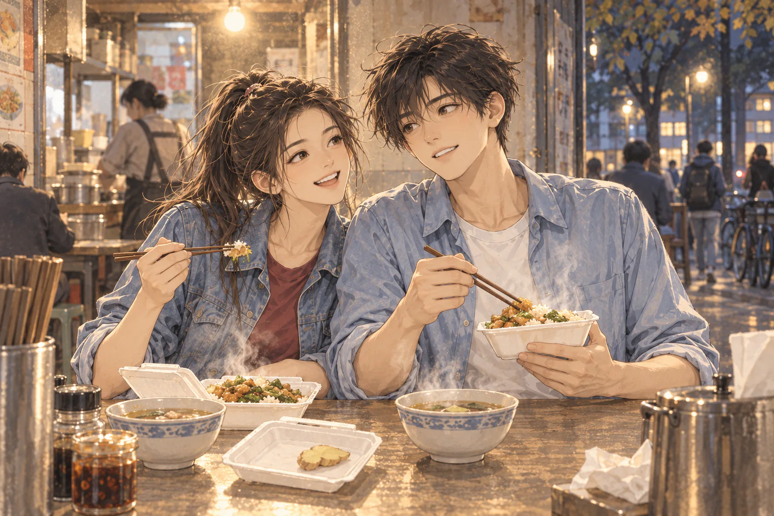 小饭馆的窄桌边，程见夏肩靠着陈曦，两盒还冒热气的晚饭摆在面前