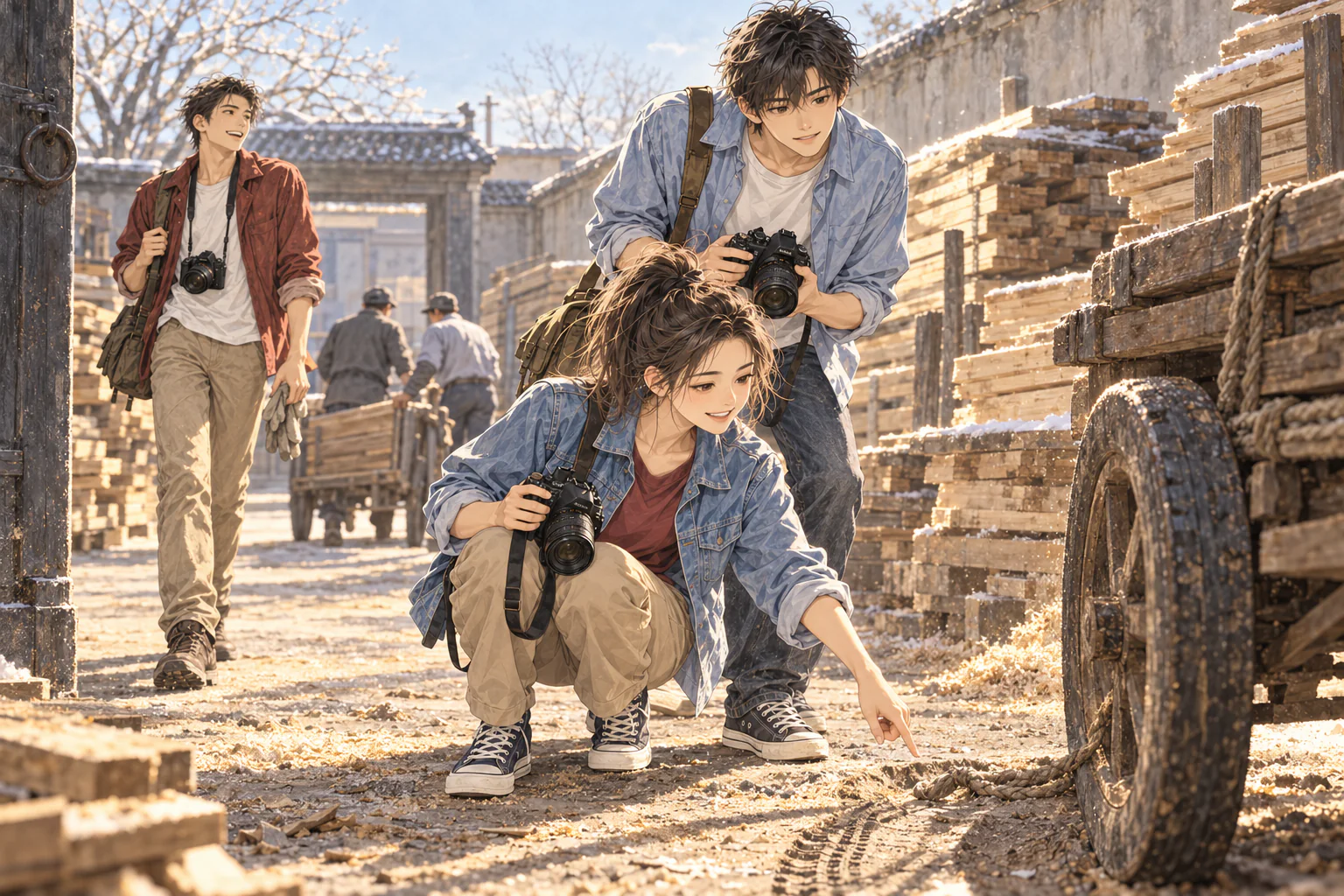 木料场上，程见夏蹲在车辙边指着被压住的绳结，陈曦俯身去看，唐闻舟往院里走