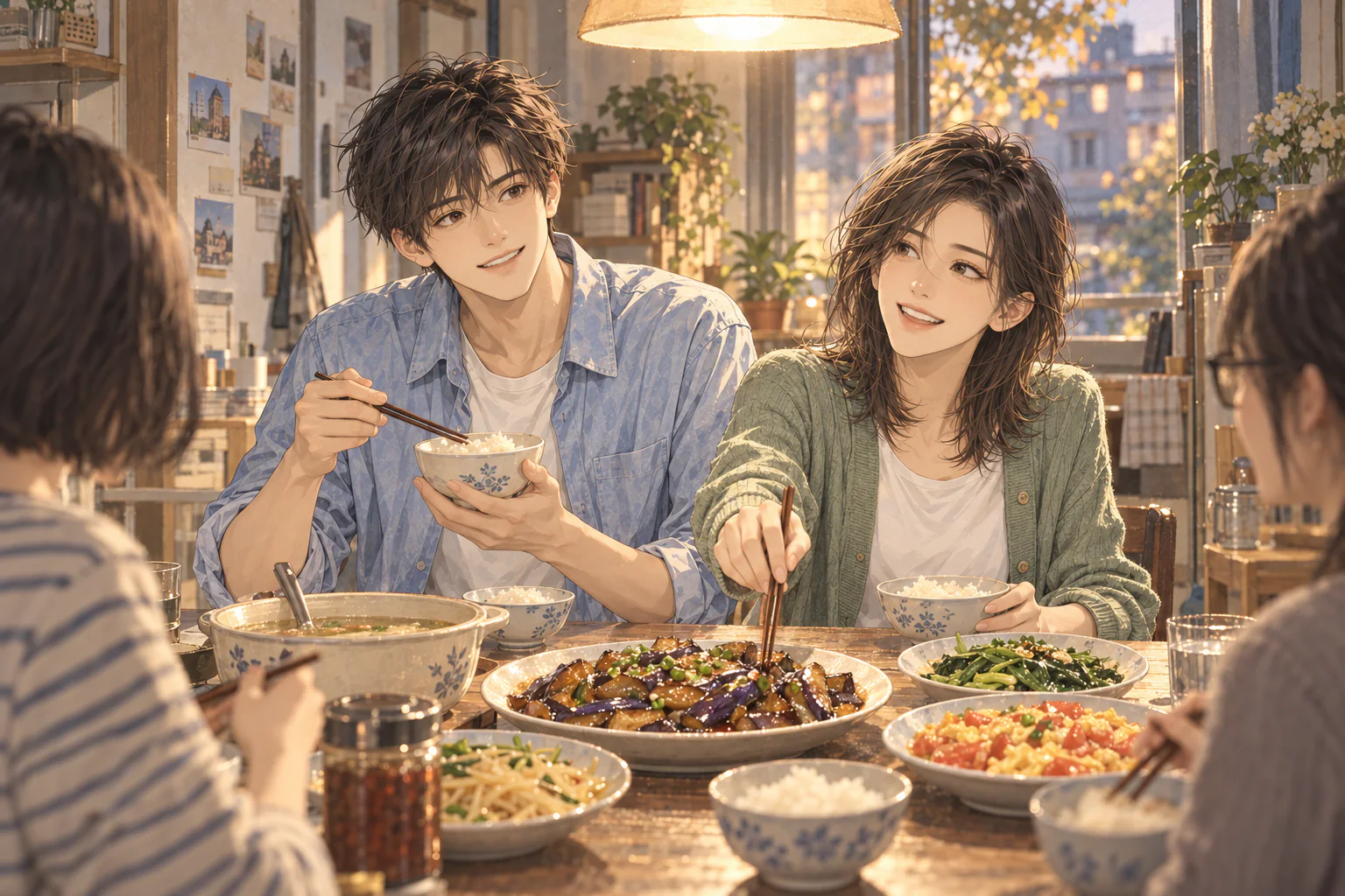 陆清棠住处的旧饭桌上摆满家常菜，她伸筷子去夹中间那盘烧茄子，陈曦端着碗坐在她身边