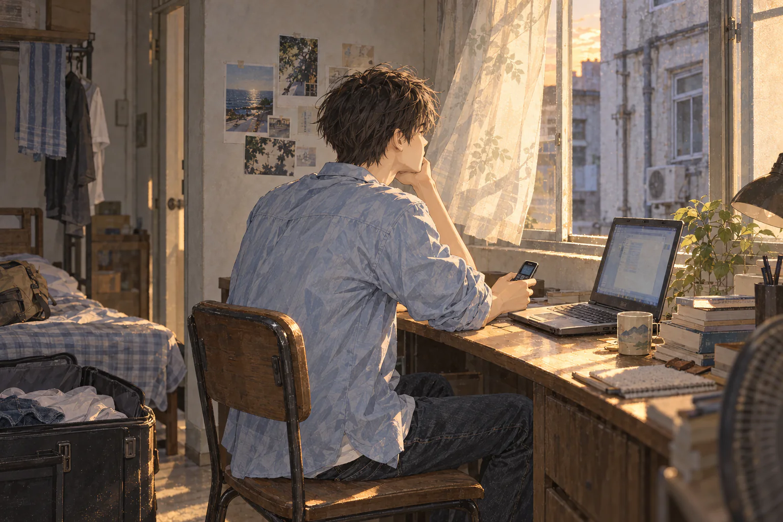 夏夜的新租小屋里，陈曦坐在书桌前握着旧手机，望着窗外贴近的墙