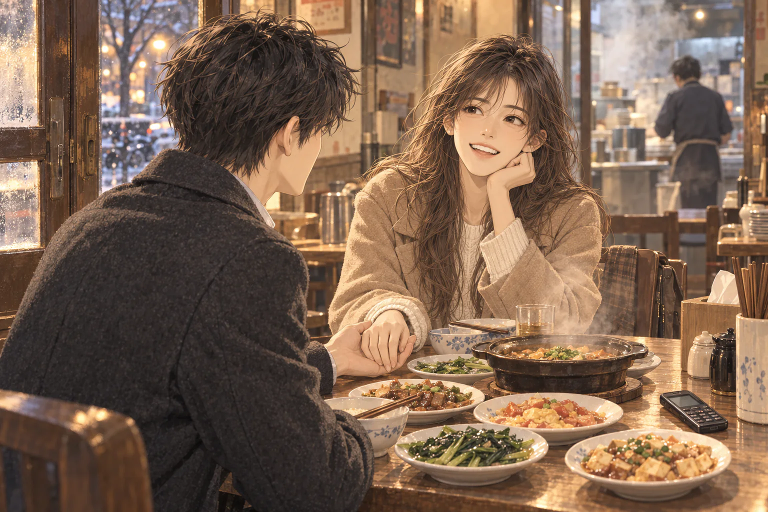 深冬夜里的小饭馆，陈曦和林舒然隔着挤满菜碟的桌子握住彼此的手