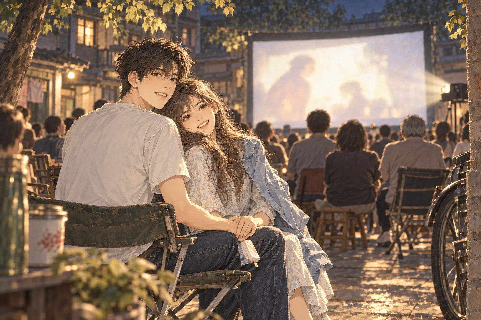 夏夜露天电影场，林舒然披着陈曦的外衣靠在他肩头，两人手握着手