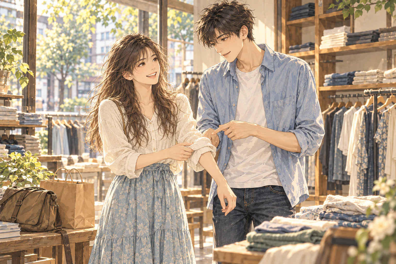 服装店里，林舒然试穿新上衣，翻下袖口给陈曦看，陈曦指着衣袖